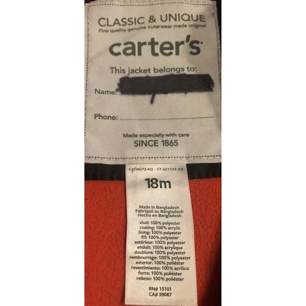 Carter's Classic Unique Full Zip Puffer Jacket Size 18M Gray Black Red Hoodie